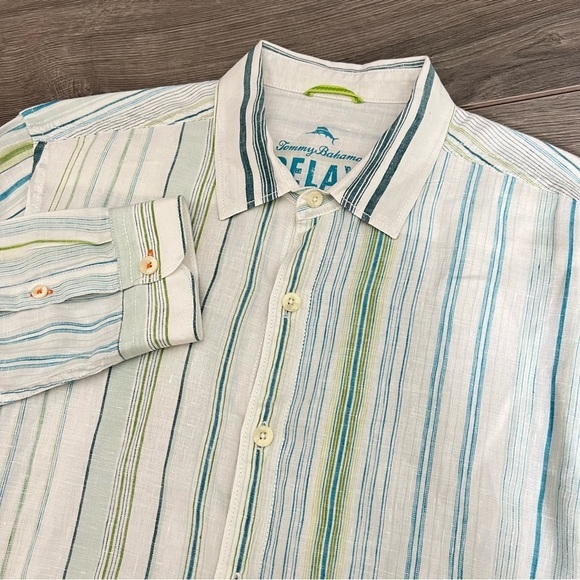 Tommy Bahama Relax Mens 100% Linen Button Front Striped Shirt size Large - Picture 1 of 9